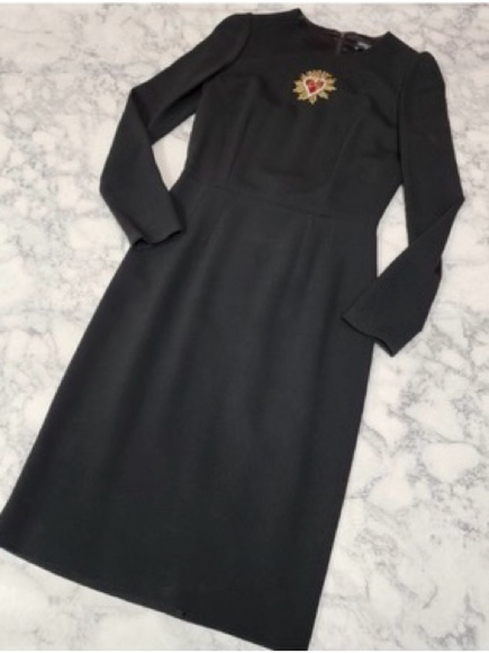 Dolce & Gabbana Black Long-Sleeve Midi Dress with Gold & Red Crest